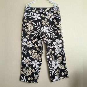 Cherokee Brand 12 Vintage Black and Cream Floral Cropped Pants Split Hem
